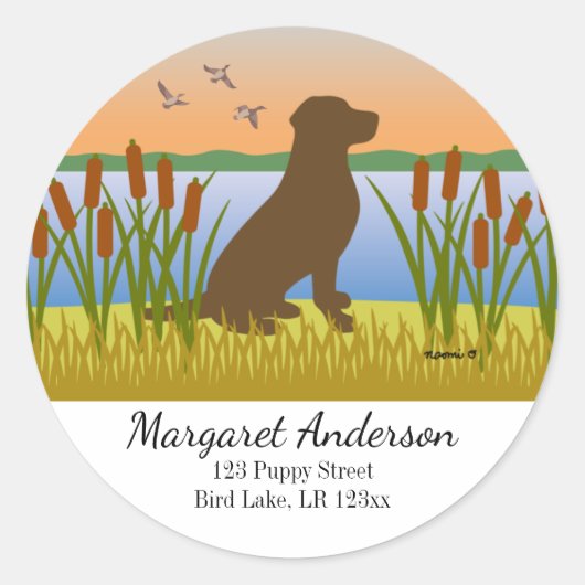 Chocolade labrador vogel hond zonsondergang adres ronde sticker (Voorkant)
