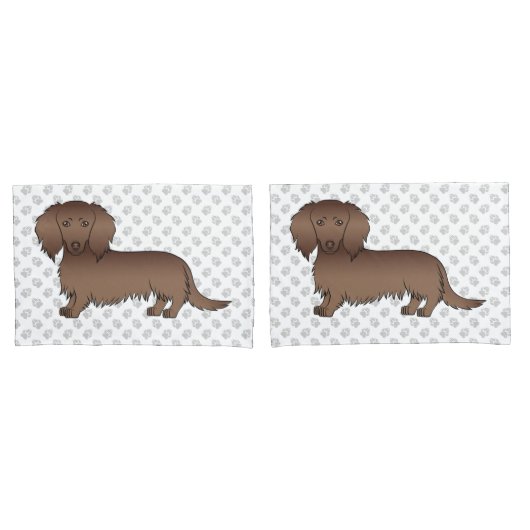 Chocolade Langharige Dachshund Cartoon Hond & Poot Kussensloop (Voorkant-Set)