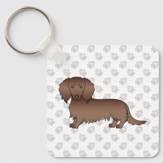 Chocolade Langharige Dachshund Cartoon Hond Sleutelhanger (Voorkant)