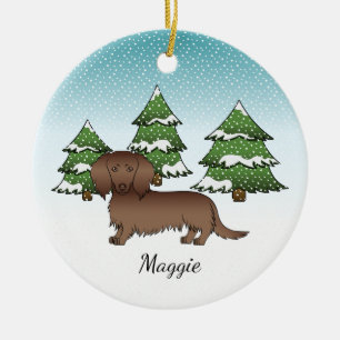 Chocolade Langharige Lieve Dachshund - Winter Woud Keramisch Ornament
