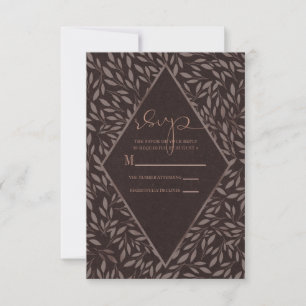 Chocolade Mauve Roze Bladeren Botanische Bruiloft RSVP Kaartje
