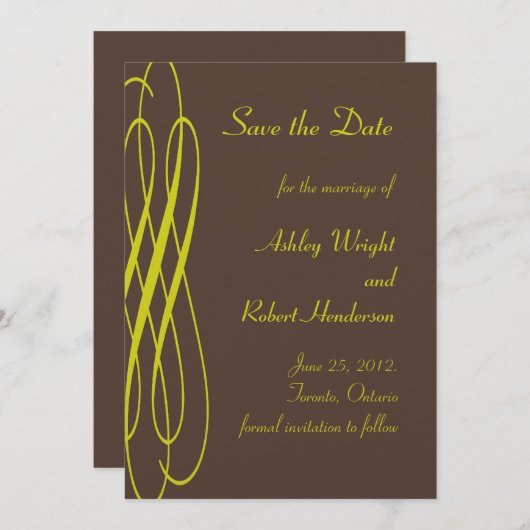 Chocolade met Golden Ribbons Wedding Invitation Save The Date (Voorkant / Achterkant)