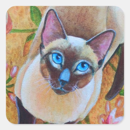 Chocolade Point Siamese Cat op Floral Rug Vierkante Sticker (Voorkant)