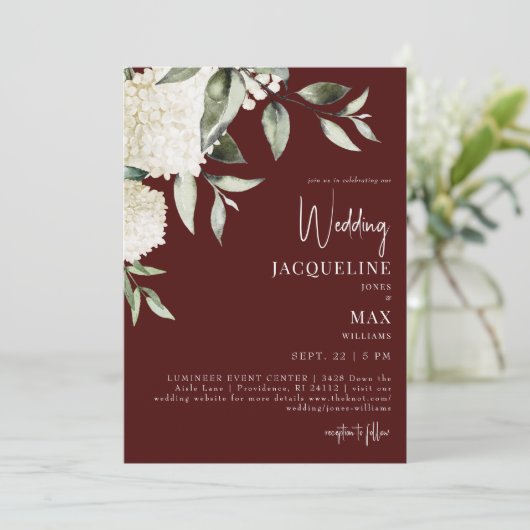 Chocolade Rood Wit Hydrangeas bruiloft Kaart (Staand voorkant)