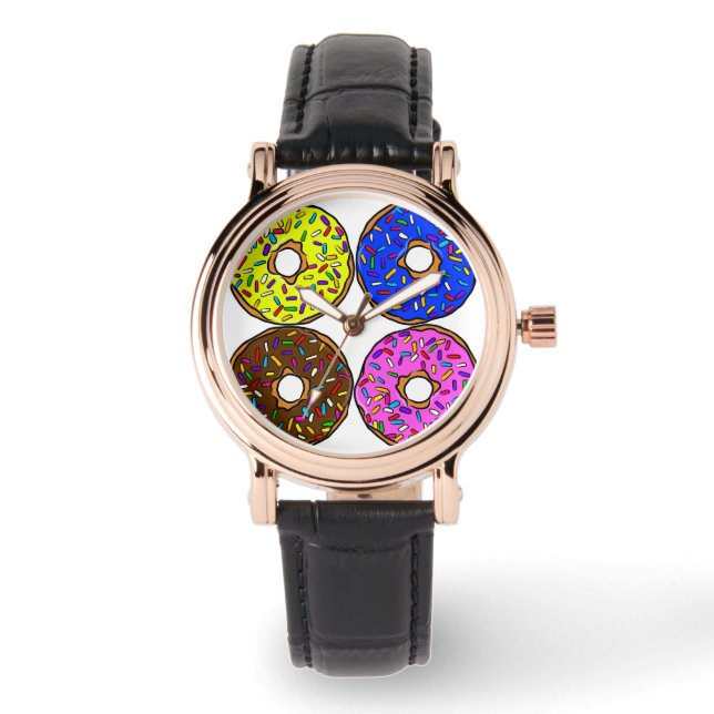 Chocolade roze blauw geel donut patroon sprenkels horloge (Voorkant)