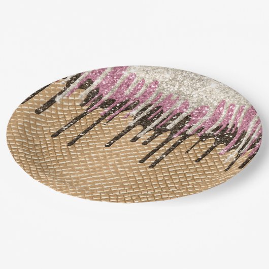 Chocolade Roze Ice Cream Cone Glitter Druppels Papieren Bordje (Gekanteld)
