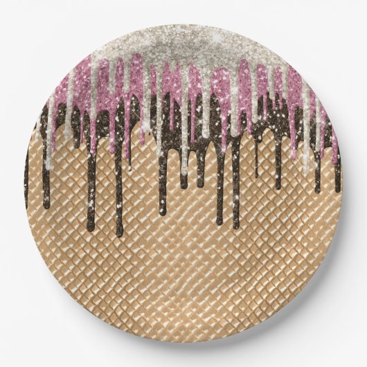 Chocolade Roze Ice Cream Cone Glitter Druppels Papieren Bordje (Voorkant)
