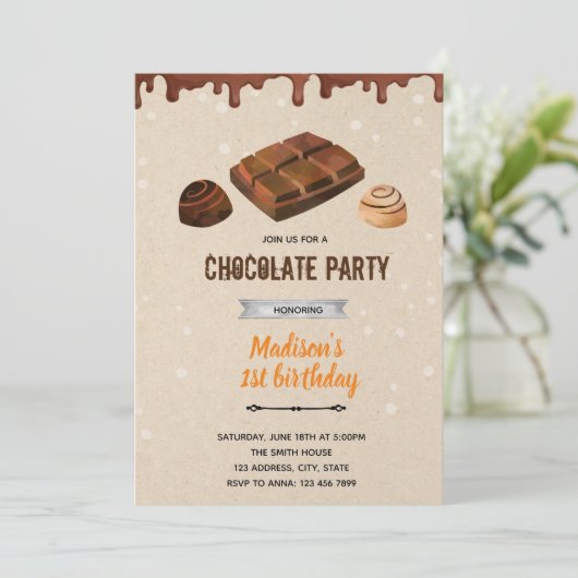 Chocolade snoep thema feest uitnodiging (Staand voorkant)