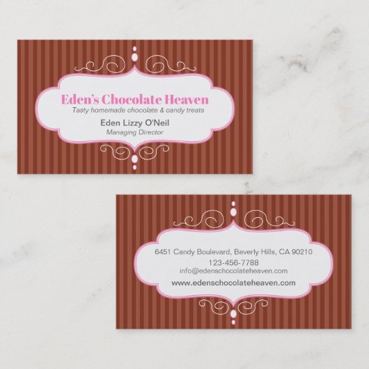 Chocolade streep decoratieve witte roze paneel bak visitekaartje (Voorkant / Achterkant)