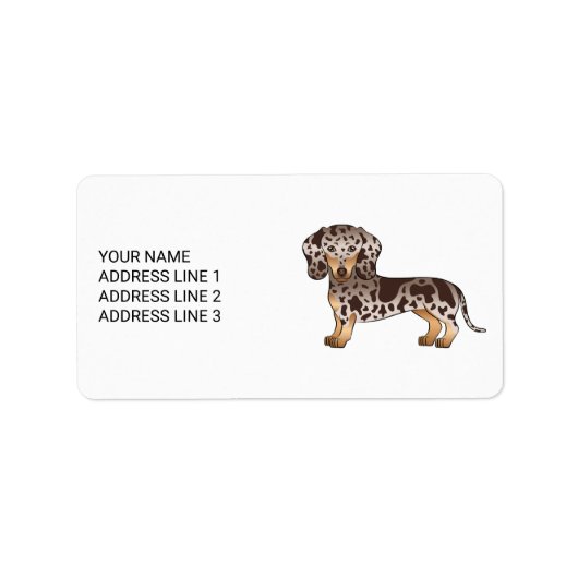 Chocolade & Tan Dapple Kortharige Dachshund & Teks Etiket (Voorkant)