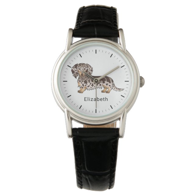 Chocolade & Tan Dapple Langharige Dachshund & Naam Horloge (Voorkant)
