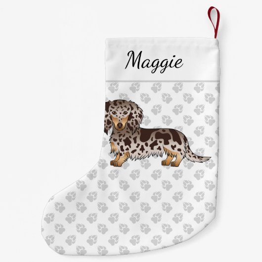 Chocolade & Tan Dapple Long Hair Dachshund & Name Kleine Kerstsok (Achterkant)