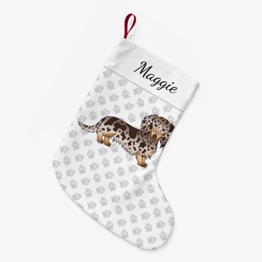 Chocolade & Tan Dapple Long Hair Dachshund & Name Kleine Kerstsok (Voorkant (Hangend))