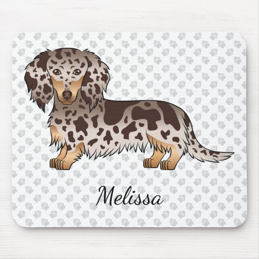 Chocolade & Tan Dapple Long Hair Dachshund & Name Muismat (Voorkant)