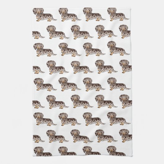 Chocolade & Tan Dapple Long Hair Dachshund Pattern Theedoek (Verticaal)