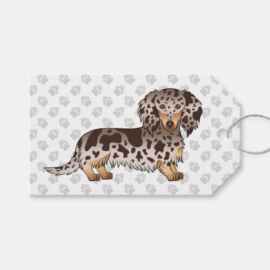 Chocolade & Tan Dapple Long Hair Dachshund & Paws Cadeaulabel (Voorkant (Horizontaal))