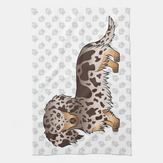 Chocolade & Tan Dapple Long Hair Dachshund & Paws Theedoek (Verticaal)