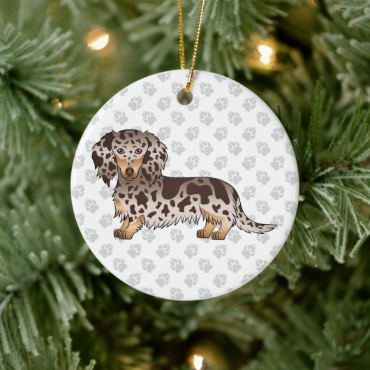 Chocolade & Tan Dapple Long Hair Dachshund & Text Keramisch Ornament (Boom)