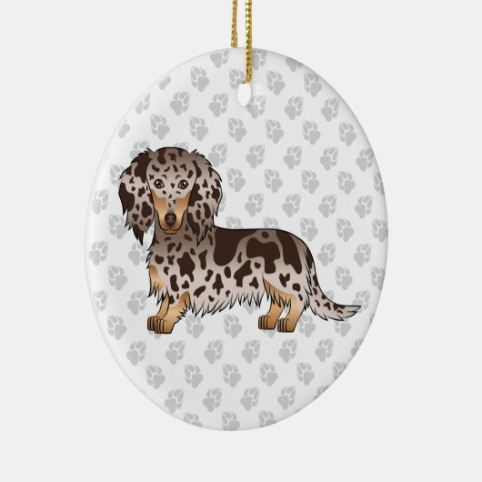 Chocolade & Tan Dapple Long Hair Dachshund & Text Keramisch Ornament (Rechts)