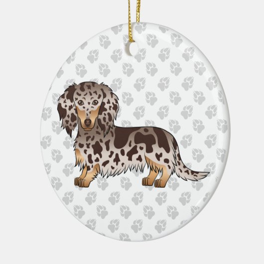 Chocolade & Tan Dapple Long Hair Dachshund & Text Keramisch Ornament (Links)