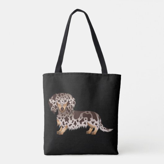 Chocolade & Tan Dapple Long Hair Dachshund - zwart Tote Bag (Achterkant)