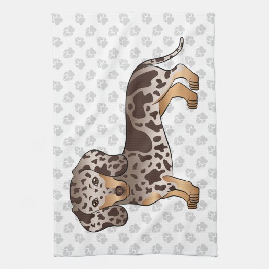 Chocolade & Tan Dapple Short Hair Dachshund & Paws Theedoek (Verticaal)