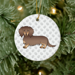 Chocolade & Tan Long Hair Dachshund Cartoon Dog Keramisch Ornament