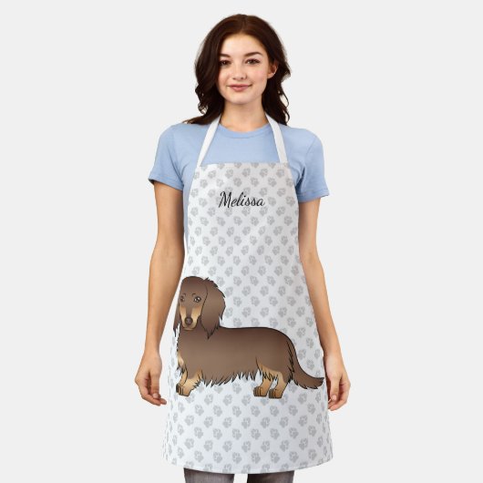 Chocolade & Tan Long Hair Dachshund Dog & Name Schort (Gedragen)