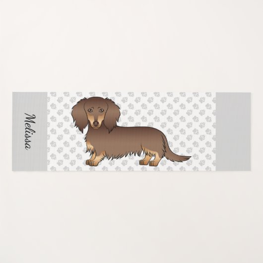 Chocolade & Tan Long Hair Dachshund Dog & Name Yogamat (Voorkant (horizontaal))