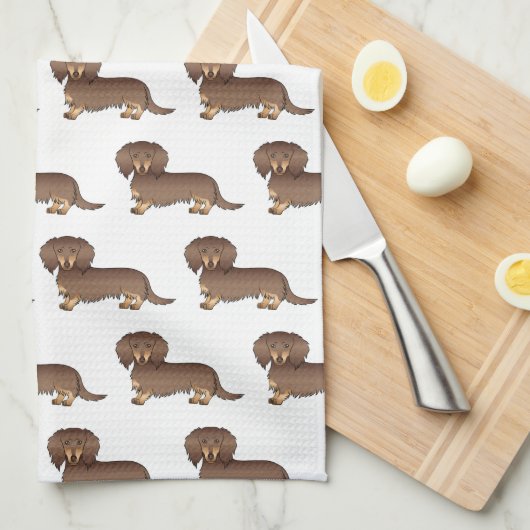 Chocolade & Tan Long Hair Dachshund Dog Patroon Theedoek (Quarter Fold)