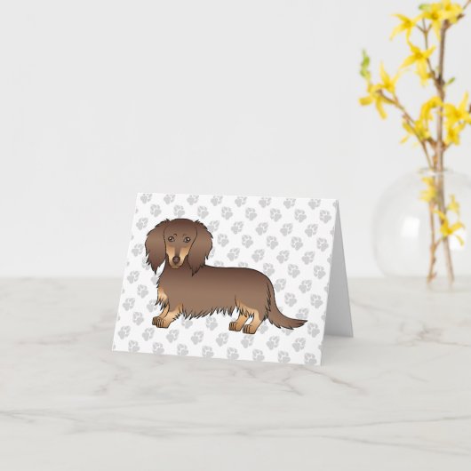 Chocolade & Tan Long Hair Dachshund Dog & Paws Kaart (Gele Bloem)
