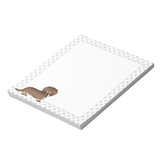 Chocolade & Tan Long Hair Dachshund Dog & Paws Notitieblok (Linkerzijde)