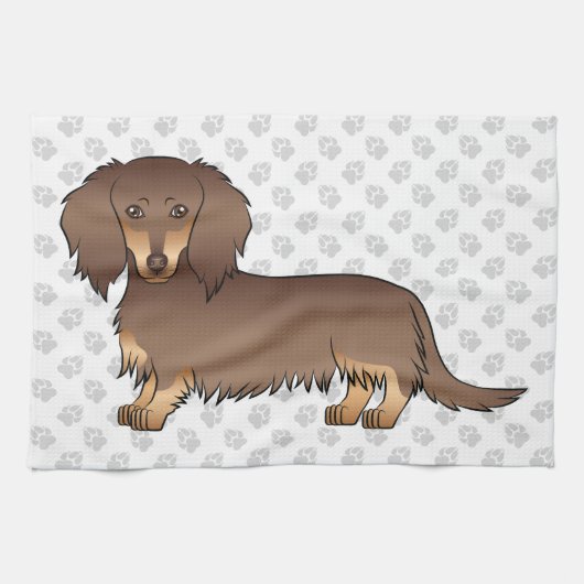 Chocolade & Tan Long Hair Dachshund Dog & Paws Theedoek (Horizontaal)
