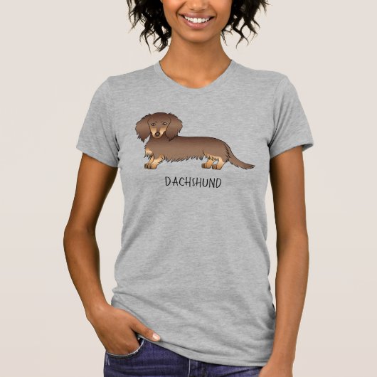 Chocolade & Tan Long Hair Dachshund Dog & Text T-shirt (Voorkant)