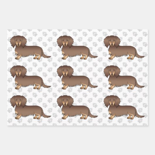 Chocolade & Tan Long Hair Dachshund Pattern & Paws Inpakpapier Vel (Voorkant 2)