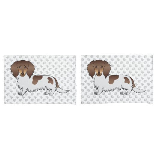 Chocolade & Tan Piebald Langharige Dachshond & Poo Kussensloop (Voorkant-Set)