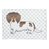 Chocolade & Tan Piebald Langharige Dachshond & Poo Kussensloop (Voorkant-Links)