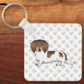 Chocolade & Tan Piebald Langharige Dachshond & Poo Sleutelhanger (Voorkant)