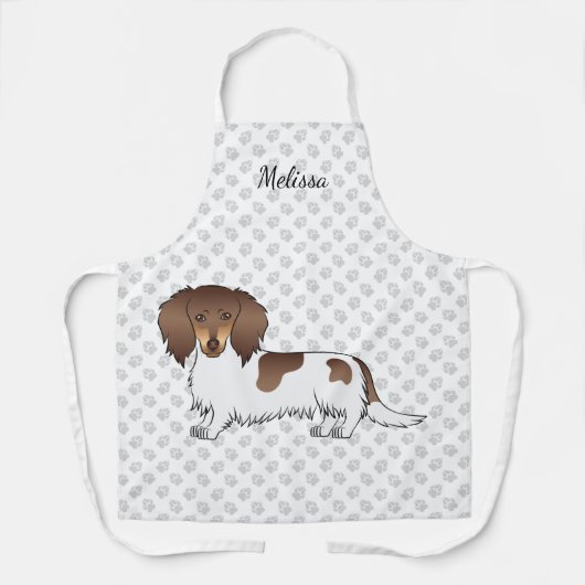 Chocolade & Tan Piebald Langharige Dachshund & Naa Schort (Voorkant)
