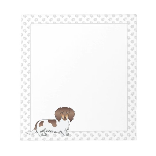 Chocolade & Tan Piebald Langharige Dachshund & Poo Notitieblok (Voorkant)