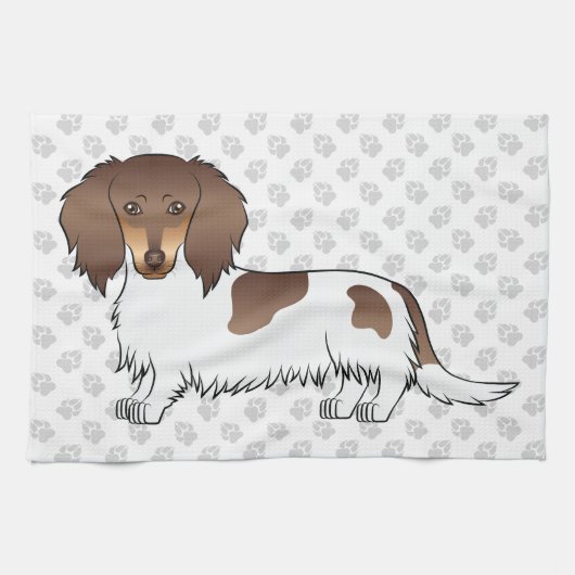 Chocolade & Tan Piebald Langharige Dachshund & Poo Theedoek (Horizontaal)