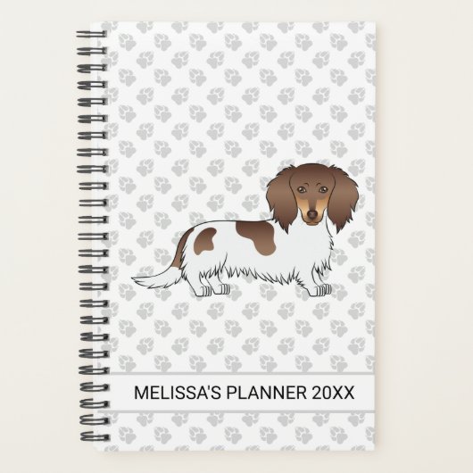Chocolade & Tan Piebald Langharige Dachshund & Tek Planner (Voorkant)