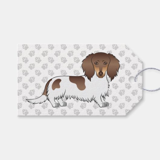 Chocolade & Tan Piebald Long Hair Dachshund & Paws Cadeaulabel (Voorkant (Horizontaal))