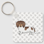 Chocolade & Tan Piebald Long Hair Dachshund & Paws Sleutelhanger (Voorkant)