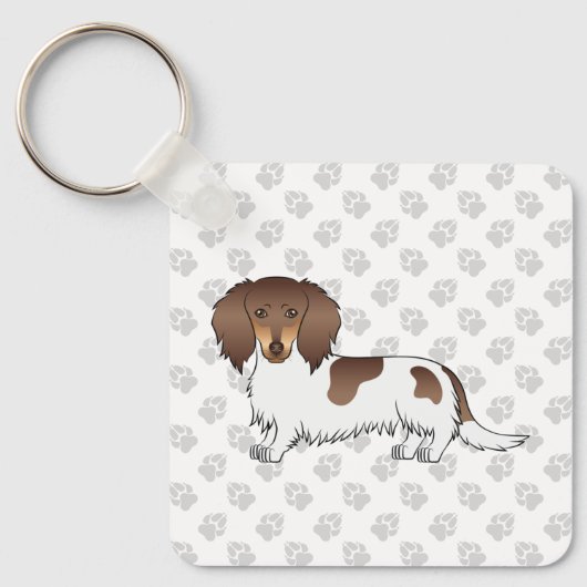 Chocolade & Tan Piebald Long Hair Dachshund & Paws Sleutelhanger (Voorkant)