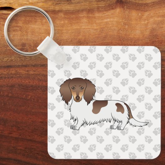 Chocolade & Tan Piebald Long Hair Dachshund & Paws Sleutelhanger (Voorkant)