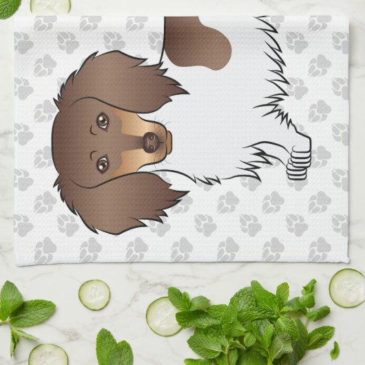 Chocolade & Tan Piebald Long Hair Dachshund & Paws Theedoek (Gevouwen)