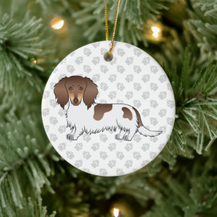 Chocolade & Tan Piebald Long Hair Dachshund & Text Keramisch Ornament