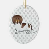 Chocolade & Tan Piebald Long Hair Dachshund & Text Keramisch Ornament (Rechts)