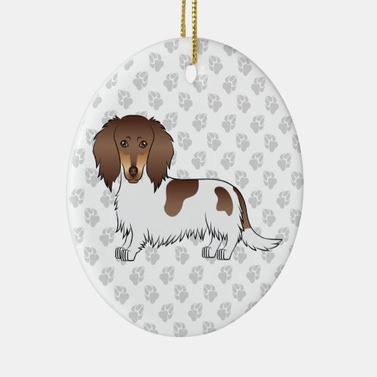 Chocolade & Tan Piebald Long Hair Dachshund & Text Keramisch Ornament (Rechts)